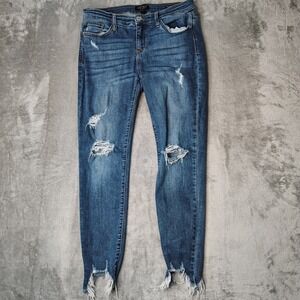 Judy Blue Jeans Womens‎ 31 Blue Cropped Fit Medium Wash Distressed Stretch Denim
